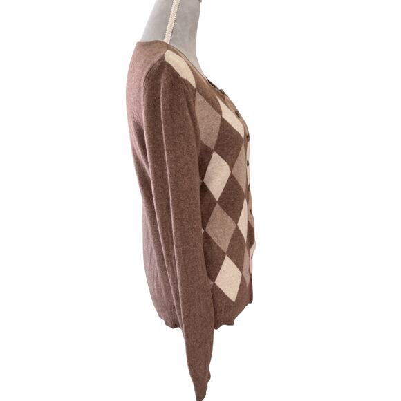 100% CASHMERE Argyle Cardigan Sweater Brown Tan Diamond Knit Soft Classic - Picture 3 of 7
